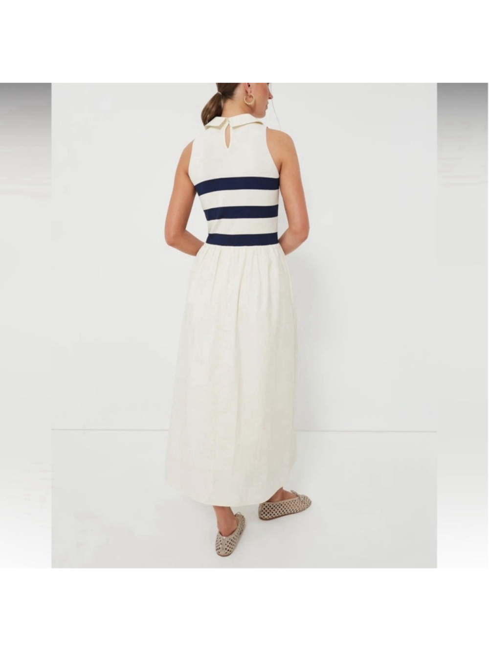 Tuckernuck Ivory Stripe Marina Midi Dress Medium Collared Coastal Nautical Prep - Picture 4 of 10